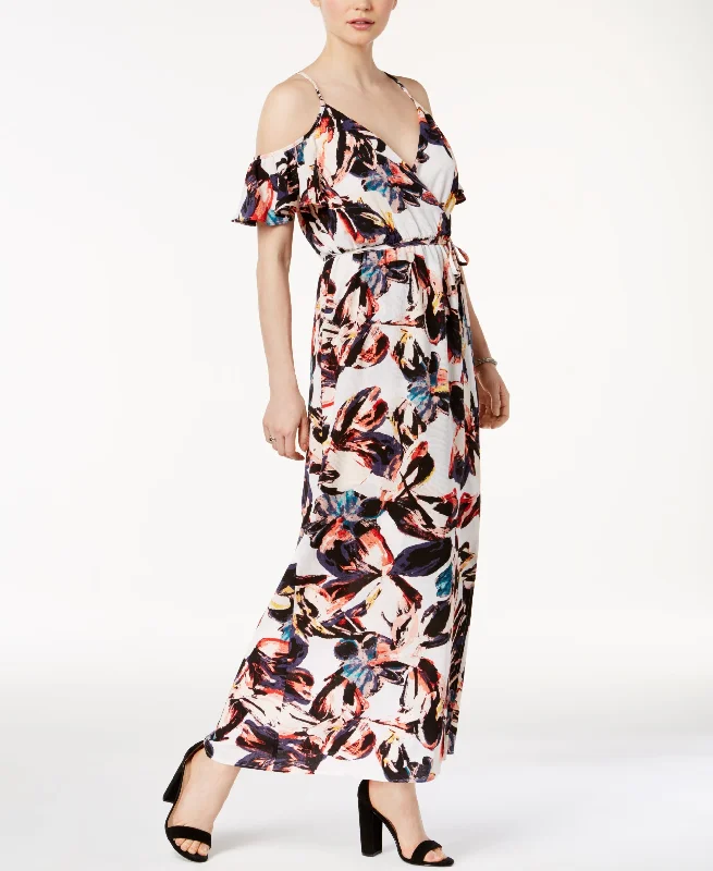 Printed Cold-Shoulder Maxi Dress Comfortable Pleated Maxi Dress