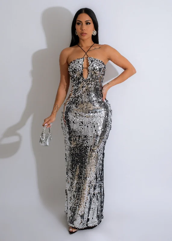 Being Eternal Sequin Maxi Dress Silver Comfortable Casual Maxi Dress