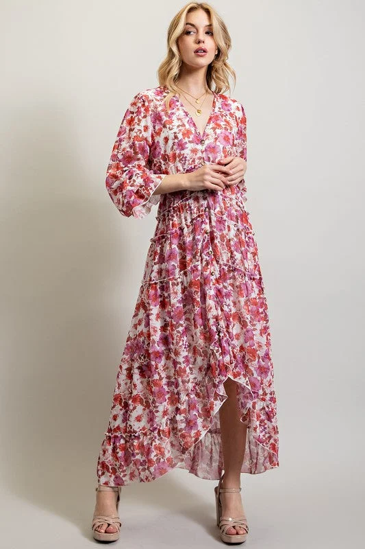 Bohemian Floral High and low maxi dress *Online Only* Trendy Off-Shoulder Ruffle Maxi Dress