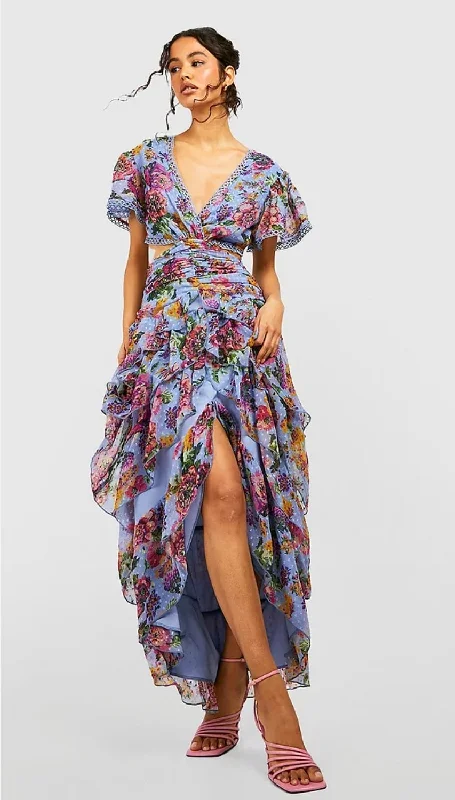 Boohoo floral cut out ruffle maxi dress, new - size 10 Comfortable Flowy Maxi Dress