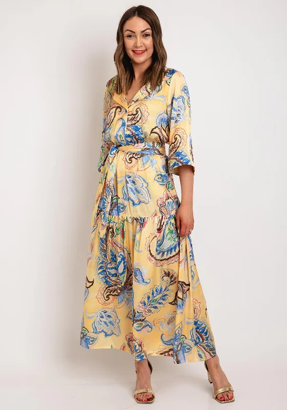 Camelot Floral Satin Touch Maxi Dress, Yellow Elegant Pleated Maxi Dress