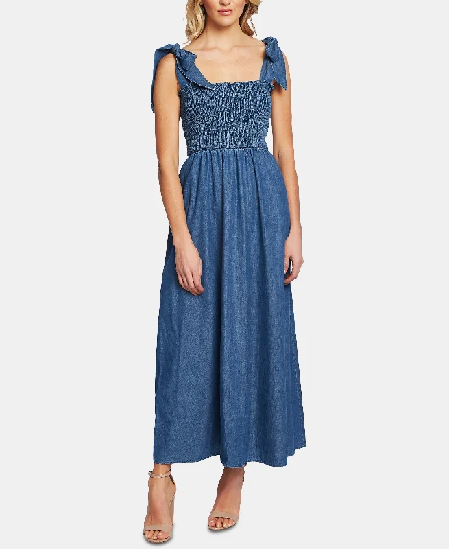 Cotton Smocked Denim Maxi Dress Cozy Open-Back Maxi Dress