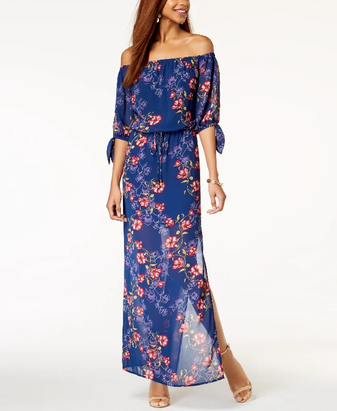 Juniors' Off-The-Shoulder Tie-Cuff Maxi Dress Stylish Long Sleeve Maxi Dress