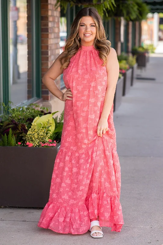 Coral Textured Halter Neck Maxi Dress Cozy Ruffle Sleeve Maxi Dress