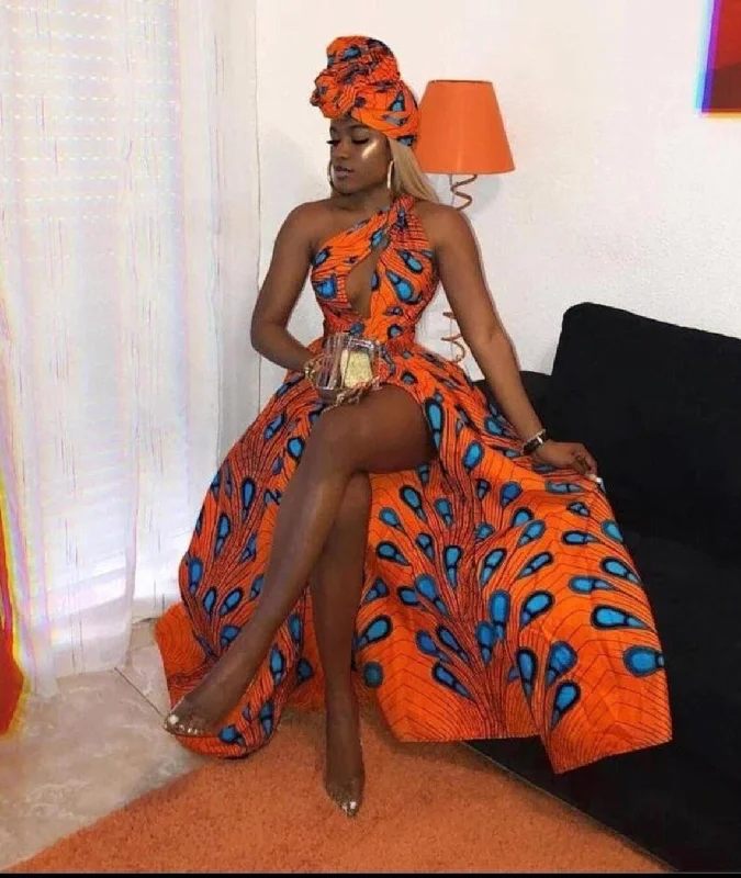 Vibrant Orange and Blue African Ankara Print Plus Size Maxi Dress: Complete Party Ensemble with Free Headwrap and Nose Mask Comfortable Maxi Dress with Slits