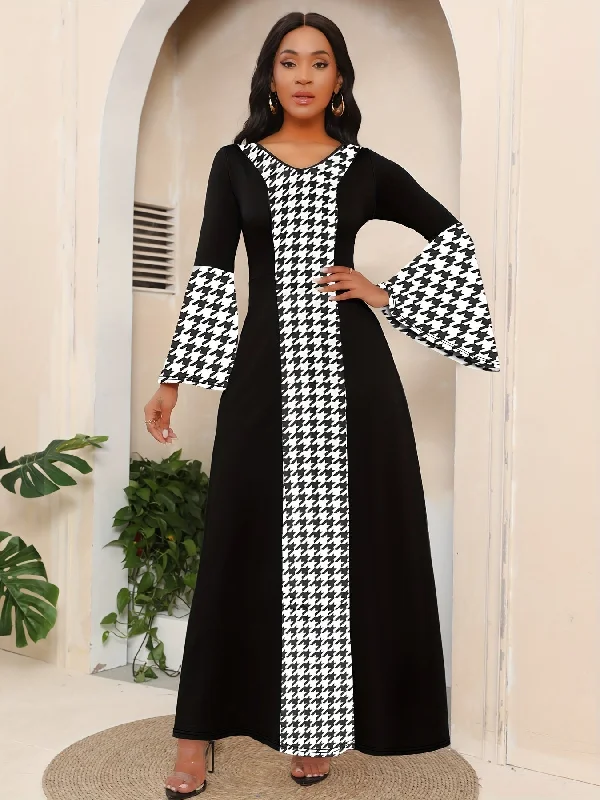 Ethnic Print Splicing Dress, Elegant Flared Sleeve V-Neck Maxi Dress Cozy Cold-Shoulder Maxi Dress