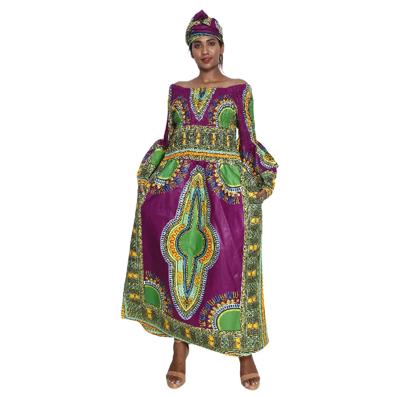 African Women's Dashiki Long Sleeve Maxi Dress with Smocking -- FI-5007FS Elegant Maxi Dress with Drapes