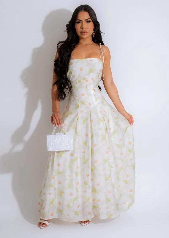 Floral Elegance Maxi Dress Green Stylish Pleated A-Line Maxi Dress