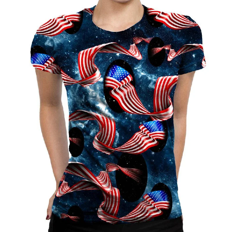 Galactic Flag Womens T-Shirt Notch Collar Peter Pan Collar Cowl Neck