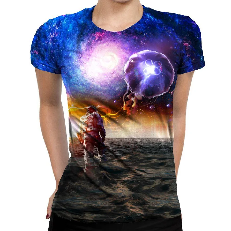 Galactic Jellyfish Womens T-Shirt Asymmetrical Pockets Print