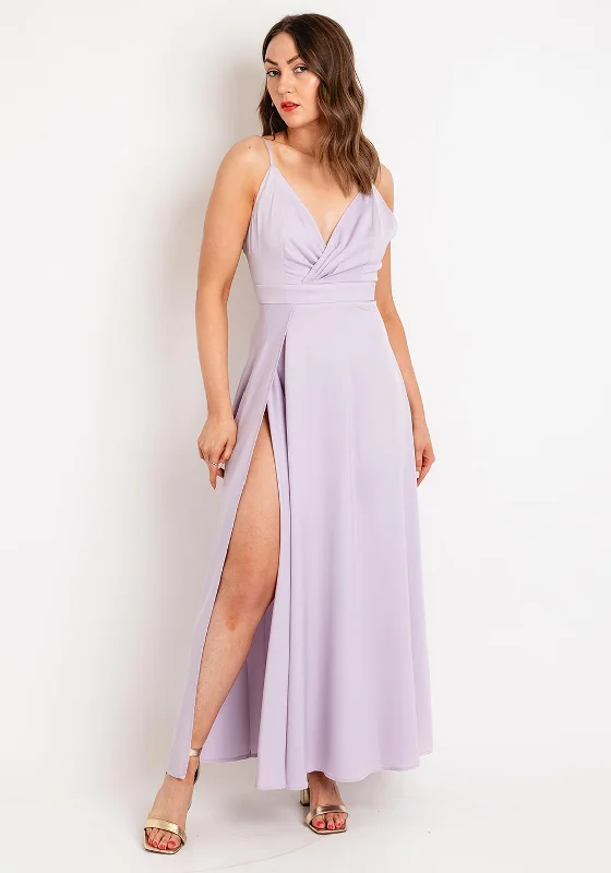 Goa Goa Carillon Satin Floral Slit Leg Maxi Dress, Lilac Comfortable Bohemian Maxi Dress