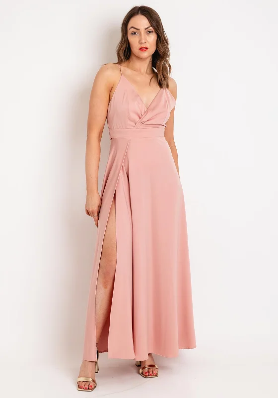 Goa Goa Carillon Satin Floral Slit Leg Maxi Dress, Peach Classic V-Neck Maxi Dress