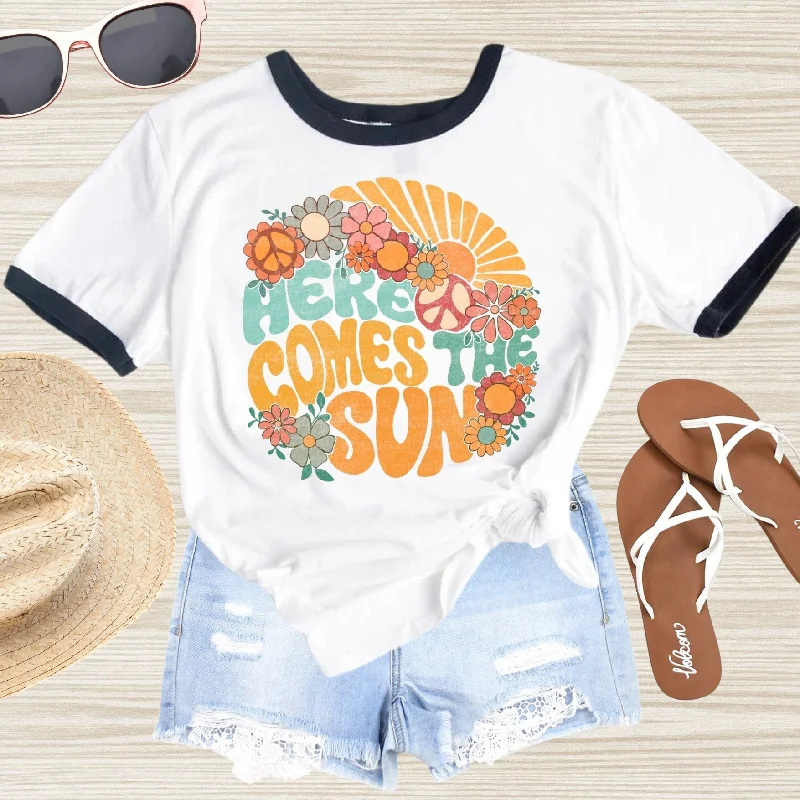 Here Comes the Sun Boho Beach Ringer Tee - Beach Aesthetic Shirt - Summer Vacation Shirt - Ringer Tee - Beach Sunshine t-shirt Denim Fabric Leather Fabric Suede Fabric