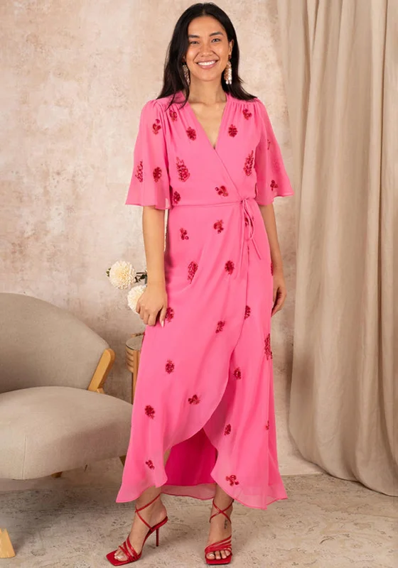 Hope & Ivy Hebe Embellished Wrap Maxi Dress, Pink Elegant Boho Maxi Dress