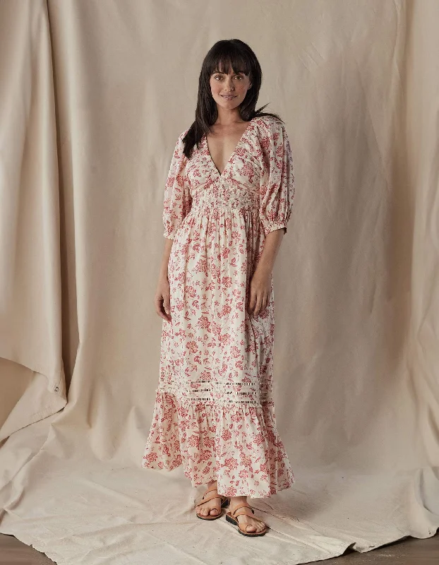 Isla Maxi Dress in Antique Floral Mineral Red Classic Solid Maxi Dress