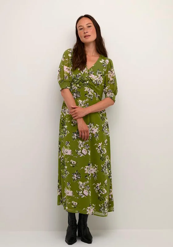 KAFFE Kavita Floral Maxi Dress, Green Comfortable Maxi Dress with Slits