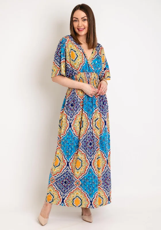 Serafina Collection One Size Ornate Print Maxi Dress, Blue Multi Fashionable Open-Back Maxi Dress