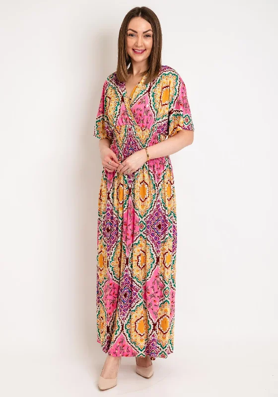 Serafina Collection One Size Ornate Print Maxi Dress, Pink Multi Cozy Ruffle Sleeve Maxi Dress