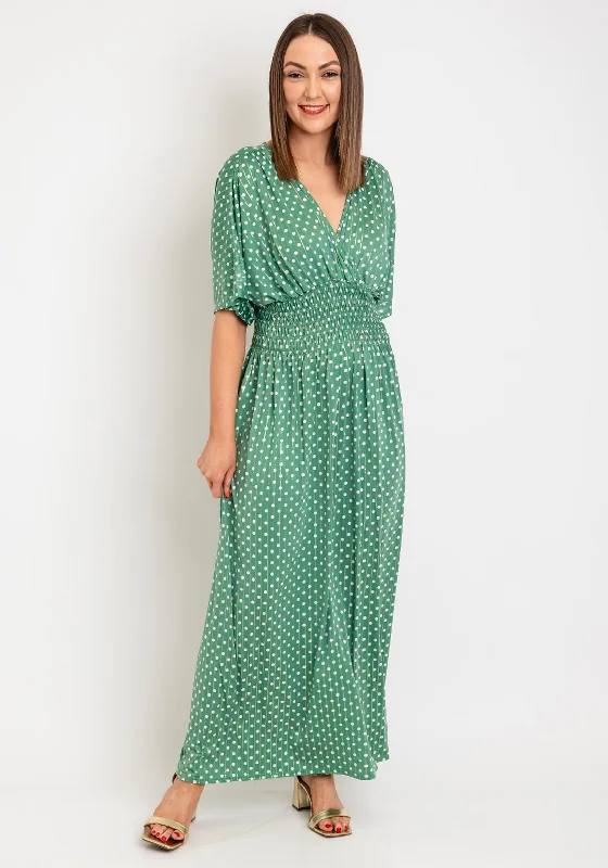 Serafina Collection One Size Polka Dot Maxi Dress, Green Chic Boho Print Maxi Dress