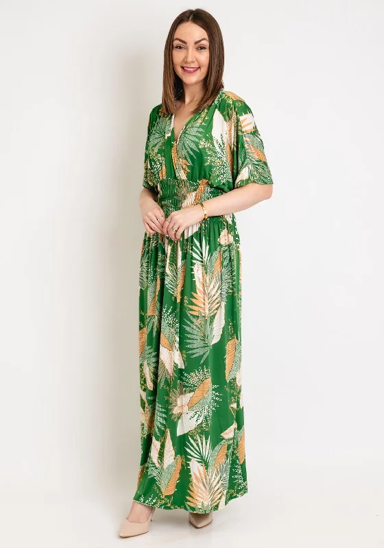 Serafina Collection One Size Leaf Print Maxi Dress, Green Cozy Ribbed Maxi Dress