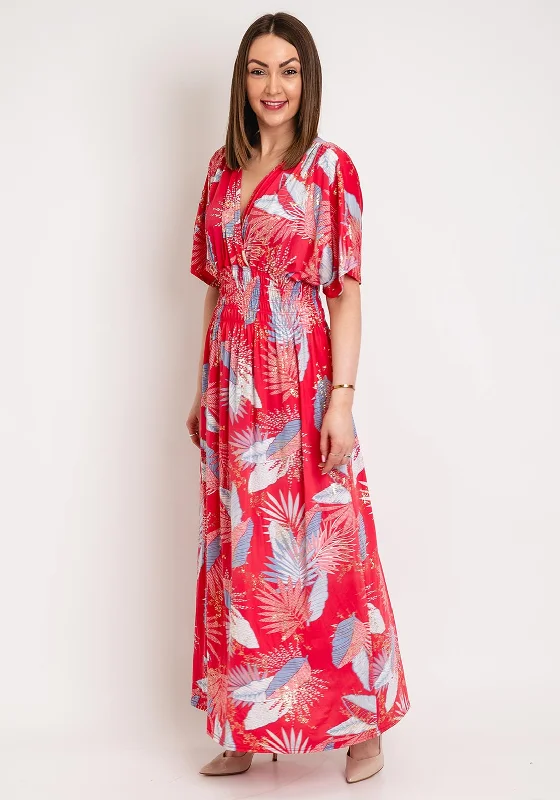 Serafina Collection One Size Leaf Print Maxi Dress, Pink Comfortable Flowy Maxi Dress