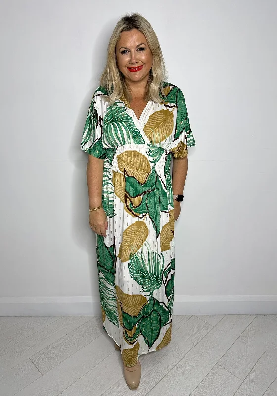 Serafina Collection One Size Tropical Print Maxi Dress, Green & White Fashionable Faux Wrap Maxi Dress