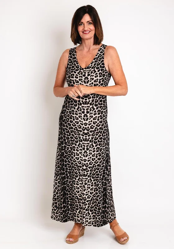 Serafina Collection One Size Leopard Print Maxi Dress, Black Comfortable T-Shirt Maxi Dress