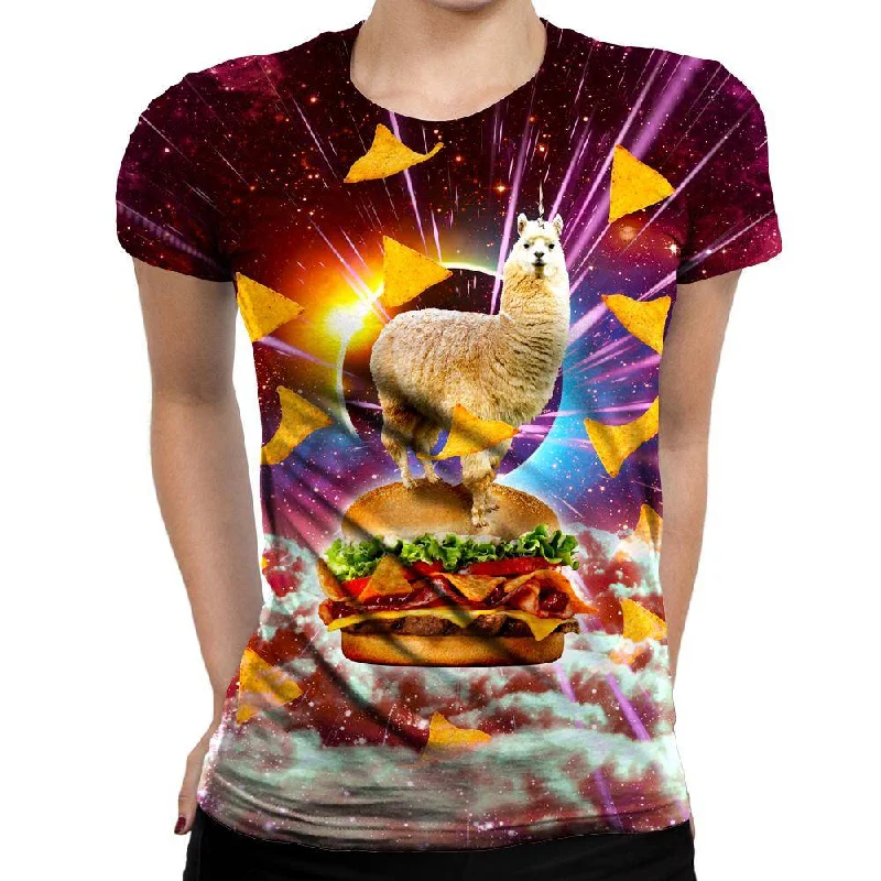 Llama Burger Womens T-Shirt V-Neck T-Shirt Long Sleeve Cotton