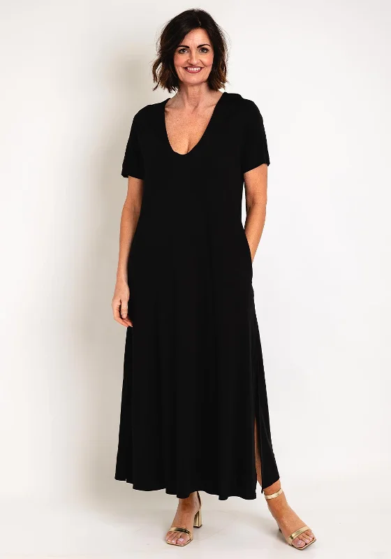 Natalia Collection One Size Jersey Maxi Dress, Black Fashionable High-Waist Maxi Dress