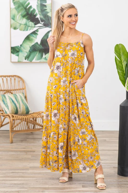 Mustard Floral Print Maxi Dress Comfortable Long-Sleeve Maxi Dress