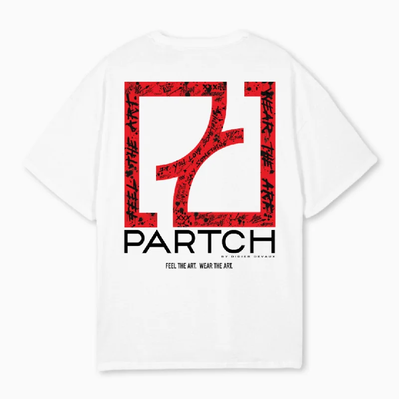 PARTCH Art Red Oversized Tee Organic Cotton White Hooded Caped Shawl Collar