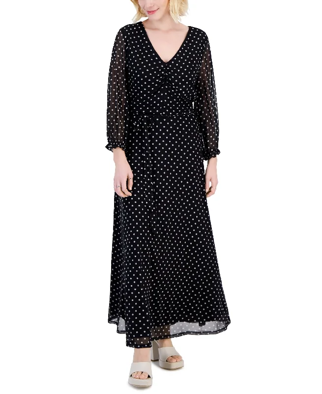 Petite Dot-Print Tie-Waist A-Line Maxi Dress Classic Black Maxi Dress