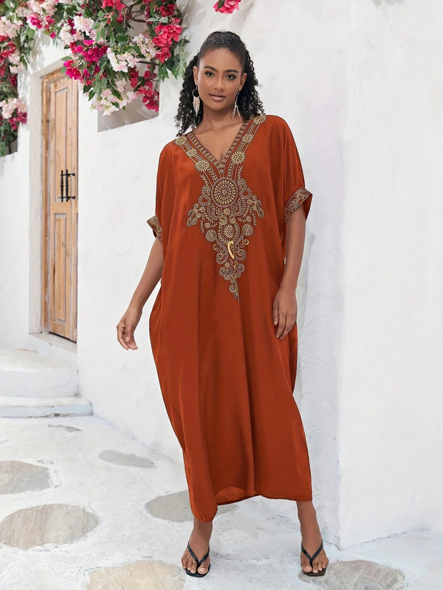 Plus Size Boho Maxi Dress for Ramadan, Women's V Neck Geometric Print Kaftan with Batwing Sleeves Trendy Printed Maxi Dress