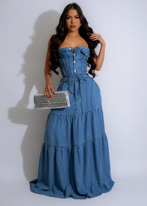 Prairie Dreams Maxi Dress Light Denim Stylish Button-Up Maxi Dress