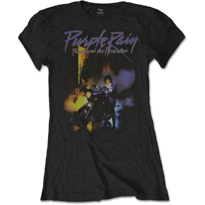 Prince  | Official Ladies T-shirt |  Purple Rain Graphic Embroidered Appliqued