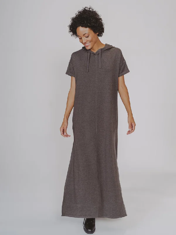 Puremeso Hooded Maxi Dress in Charcoal Stylish A-Line Maxi Dress