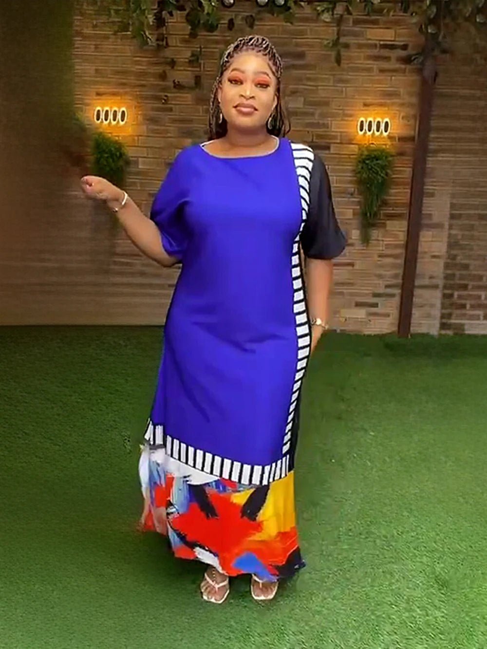 Refined African Dresses: Muslim Fashion Maxi Dress with Short Sleeves, Loose Fit, Dashiki Ankara Print Elegant Maxi Dress with Drapes