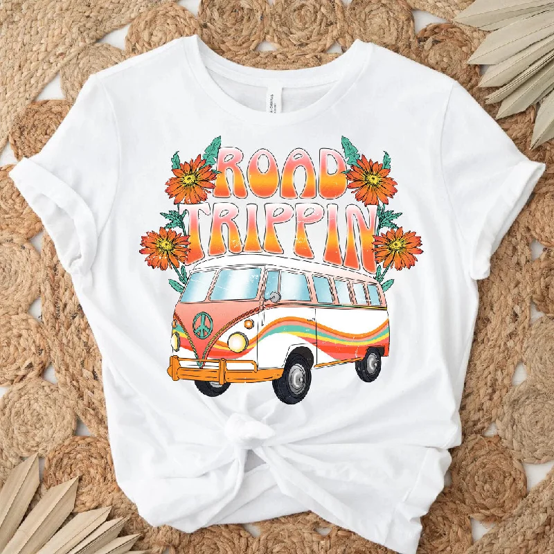 Road Trippin Groovy Retro Van Tee - Beach Van Tee - Vintage Camper Tee - Wanderlust - Aesthetic Tee - White Bella Canvas Women's Unisex Tee Ribbed Striped Patterned