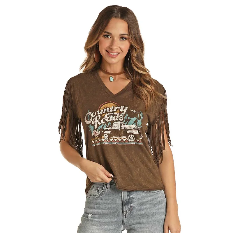 Rock & Roll Cowgirl Women's Fringe Graphic Tee Rayon Velvet Corduroy