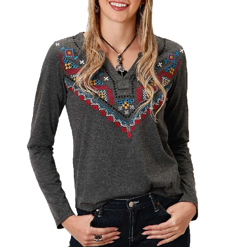 Roper Women's Cross Stitch Long Sleeve T-shirt Beaded Sequined Faux Fur