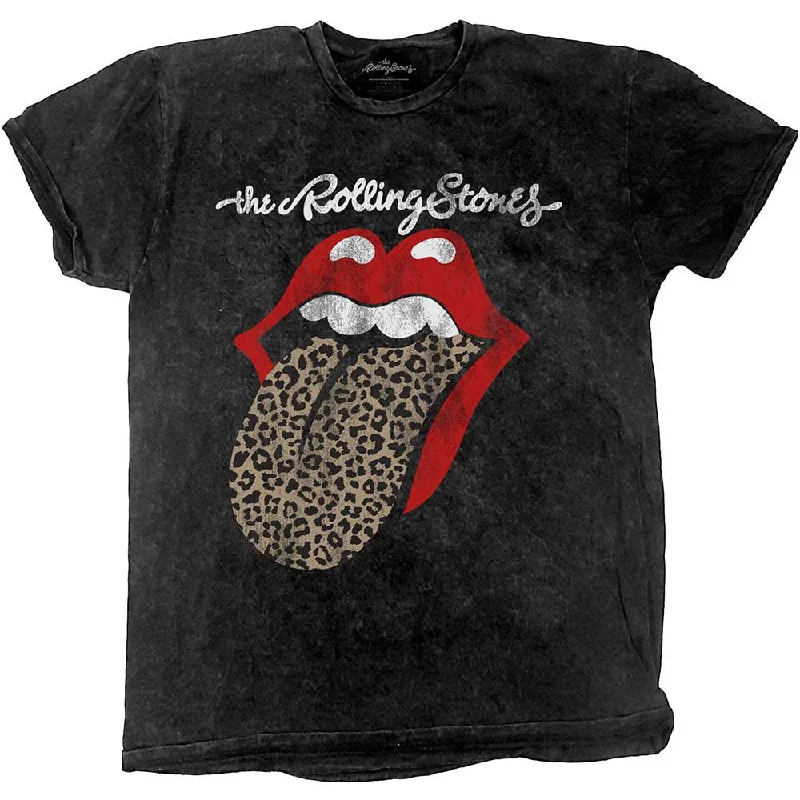 The Rolling Stones | Official Band T-shirt | Leopard Tongue (Acid Wash) Print Jacquard Patchwork