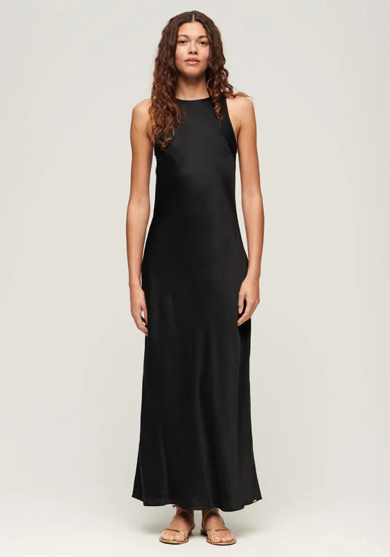 Superdry Womens Satin Racer Maxi Dress, Black Classic Black Maxi Dress