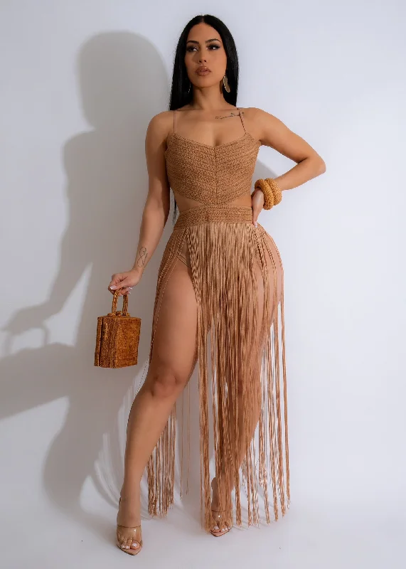 Sexy Summer Fringe Maxi Dress Brown Comfortable Plunging Neckline Maxi Dress