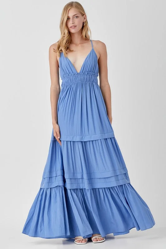 Shirred Ruffle Folded Detail Maxi Dress  *Online Only* Fashionable Maxi Dress with Fringe