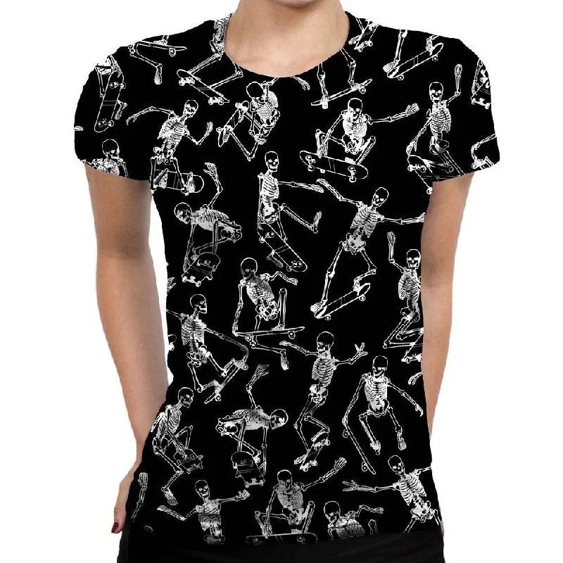 Skateboarding Skulls Black Womens T-Shirt Silk Blend Satin Velvet