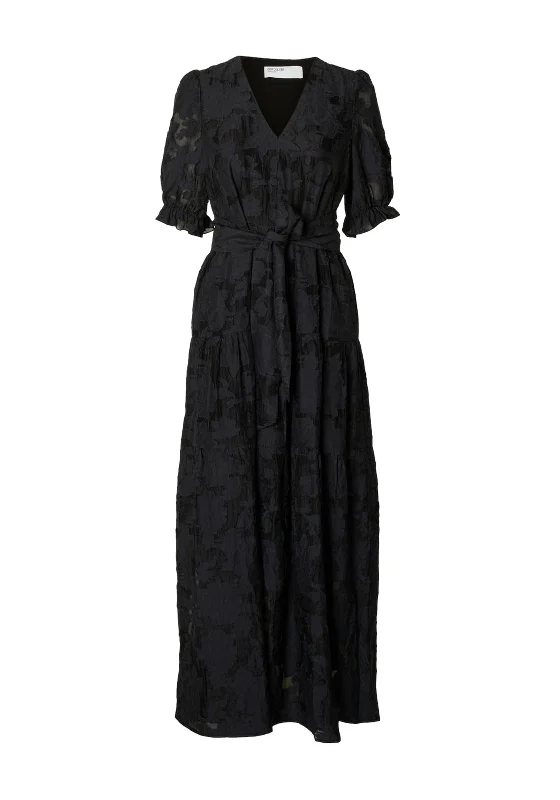 Selected Femme Cathi-Sadie Floral Embossed Maxi Dress, Dark Sapphire Stylish Boho Chic Maxi Dress