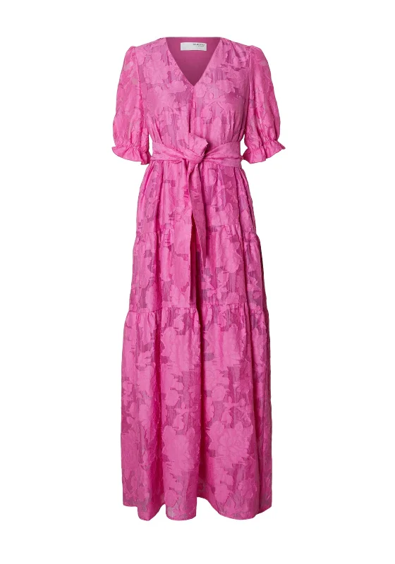 Selected Femme Cathi-Sadie Floral Embossed Maxi Dress, Phlox Pink Chic Summer Floral Maxi Dress