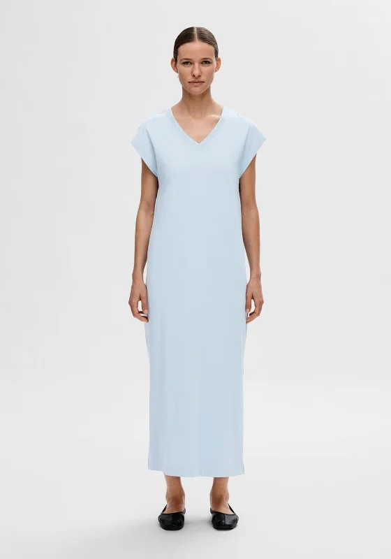 Selected Femme V Neck Jersey Maxi Dress, Cashmere Blue Stylish Maxi Dress with Pleats