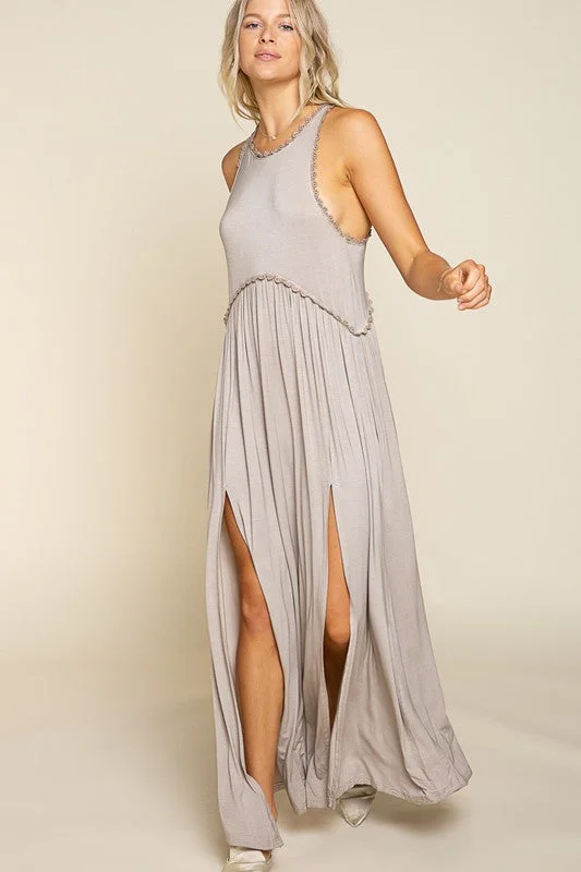 Stone Washed Side Slit Cut Out Maxi Dress *Online Only* Trendy Maxi Dress with Bow