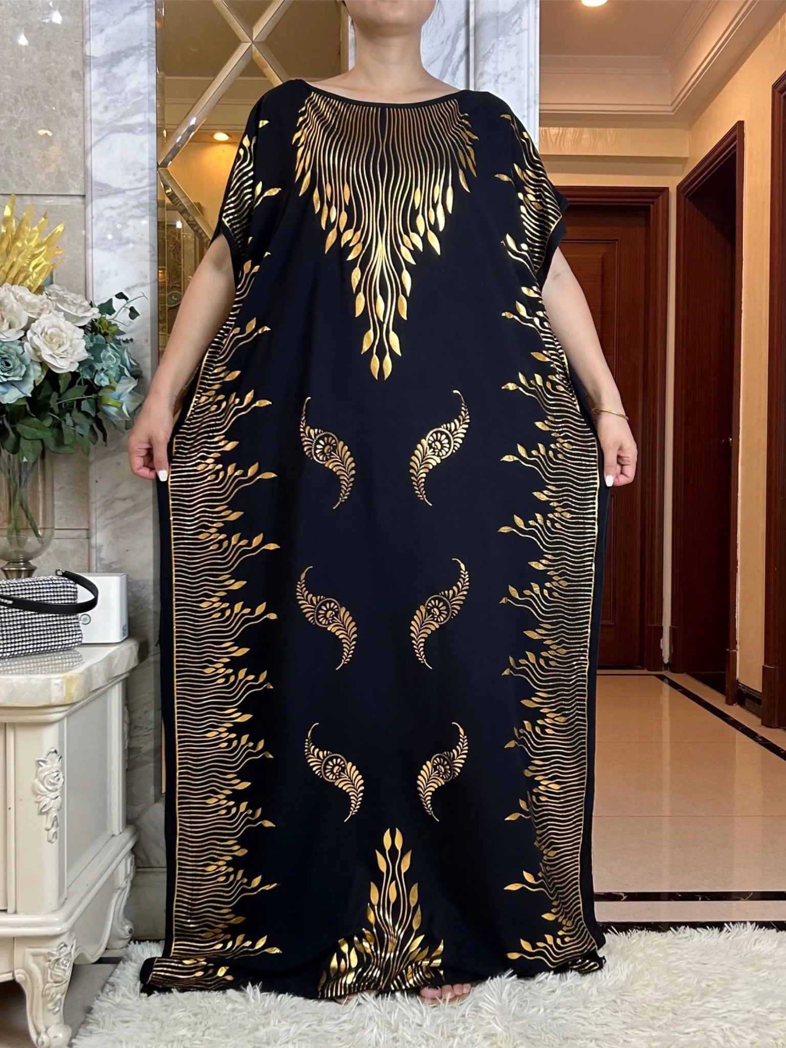 Summer Maxi Dress: Cotton with Gold Stamping, Short Sleeves, and Matching Big Scarf Trendy Fit-and-Flare Maxi Dress